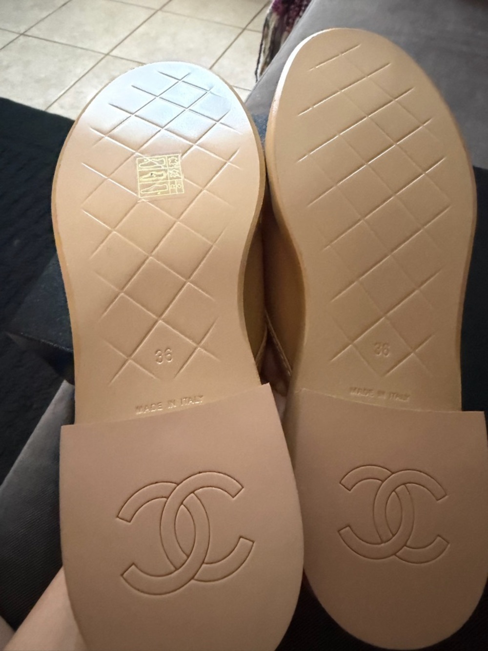 CHANEL Tan Quilted Leather Logo Backless Loafers - Picture 3 of 4